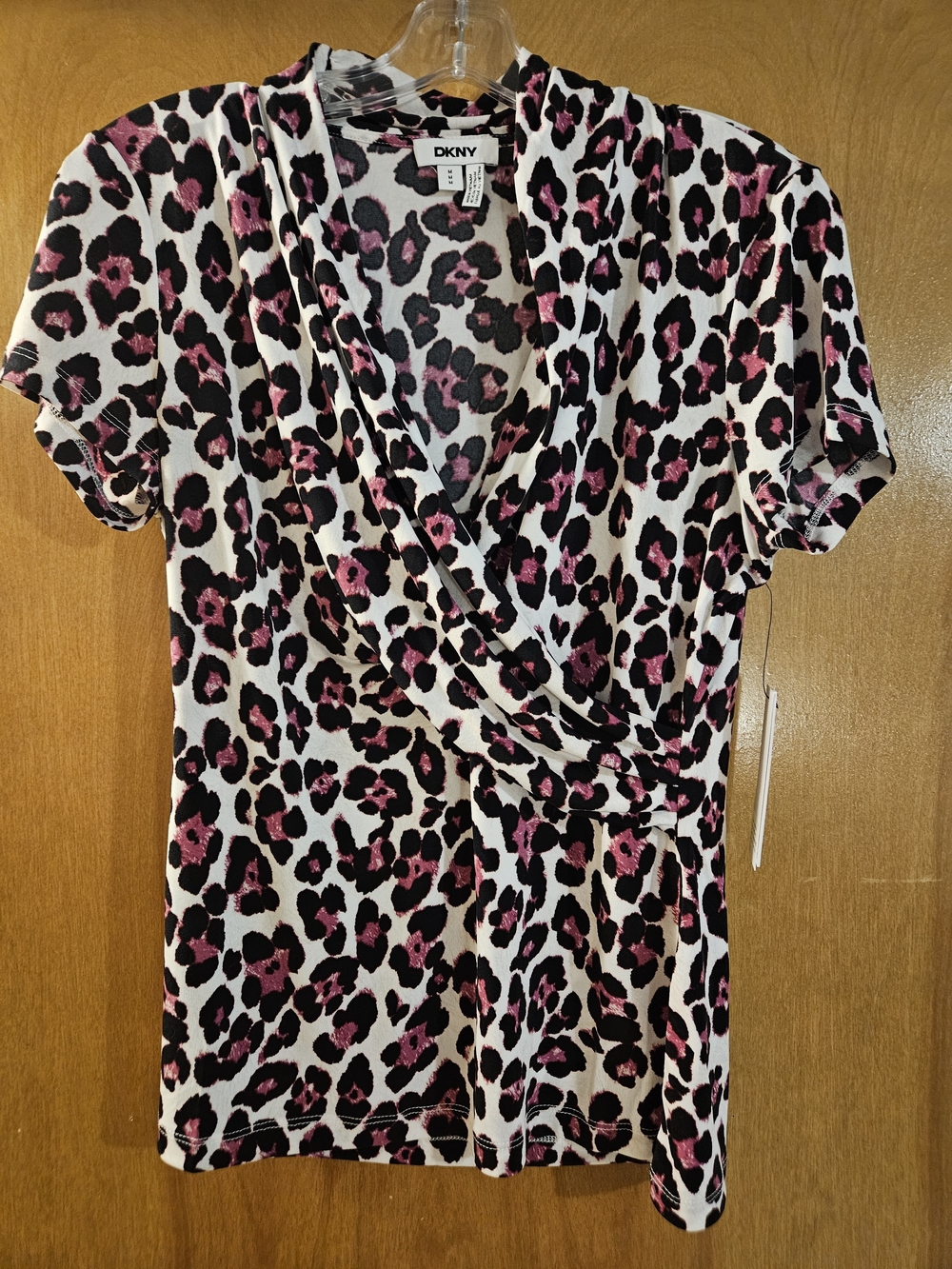 DKNY Pink and Black Leopard Print Short-Sleeve Wrap Top